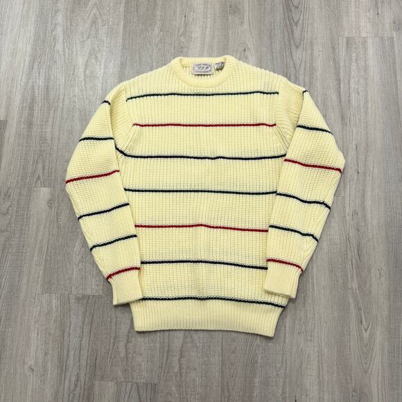 Vintage Plenge Trading Sweater Men's Large Cream Striped Knit Crewneck 90s - Picture 1 of 6